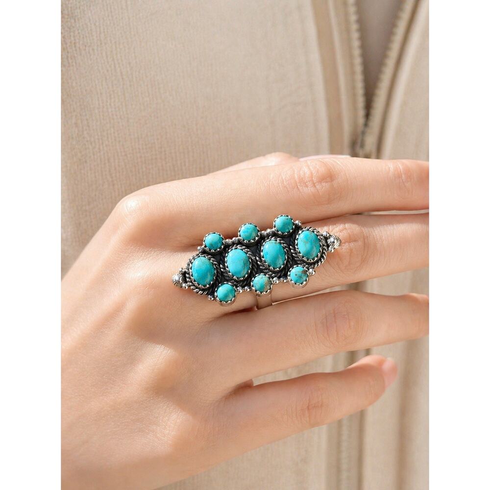 Turquoise Cluster Ring Sterling Silver Native Style Southwest Long Adjustable - Picture 6 of 10